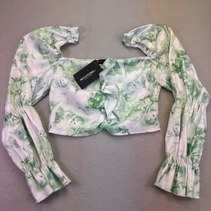 Pretty Little Thing Shirt Women's Plus Size 16 Green Crop Top Long Sleeve